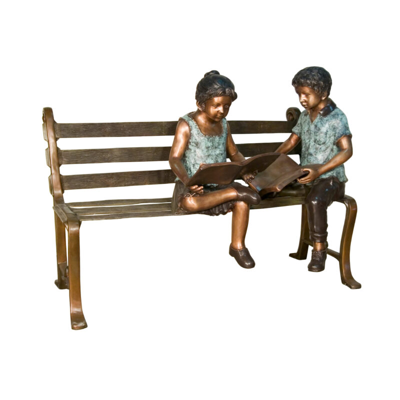 SRB057510 Bronze Boy & Girl Reading Books on Bench Sculpture by Metropolitan Galleries Inc