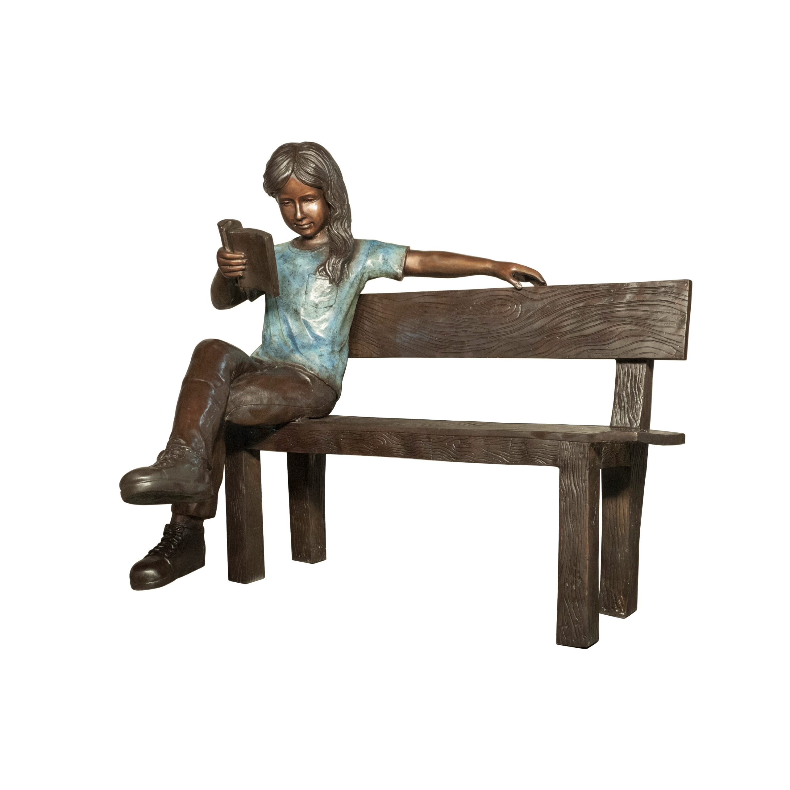 SRB058688 Bronze Girl Reading Book on Bench Sculpture by Metropolitan Galleries Inc