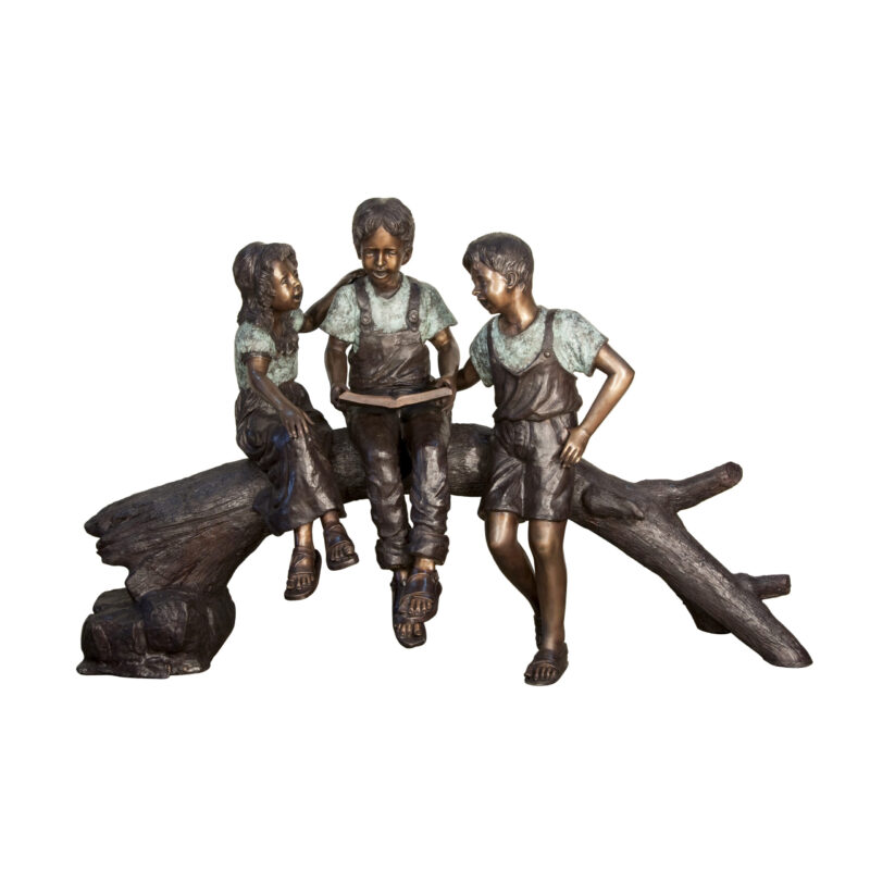 SRB057836 Bronze Three Children Reading on Log Sculpture by Metropolitan Galleries Inc