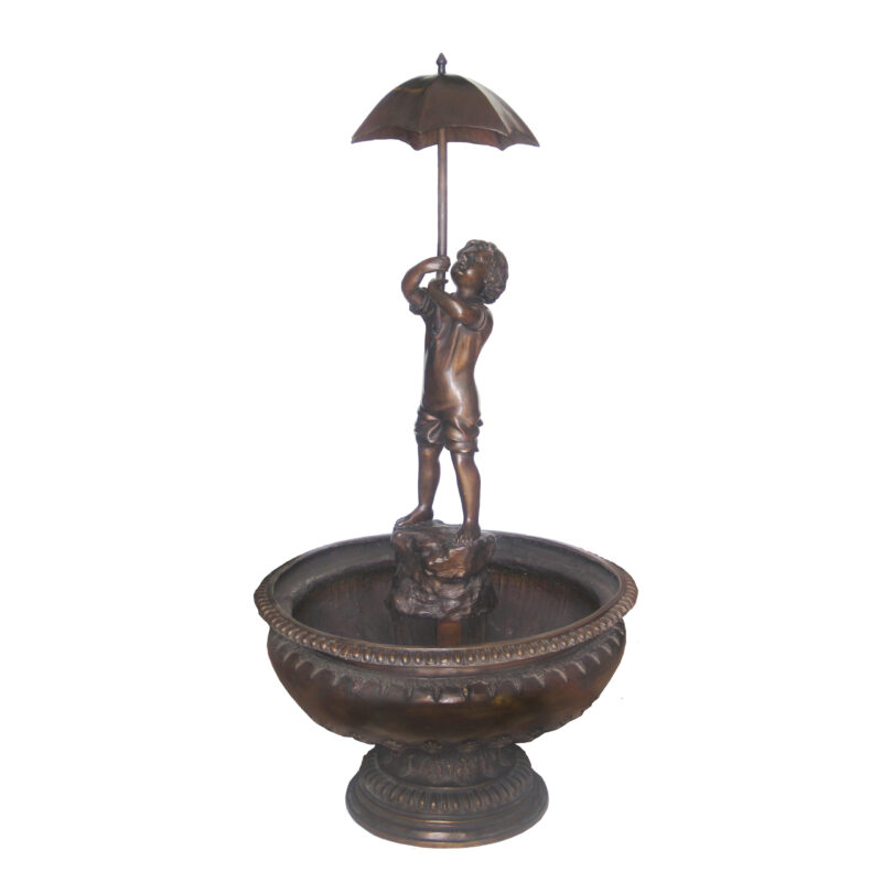 SRB703779 Bronze Boy holding Humbrella Fountain Sculpture by Metropolitan Galleries Inc