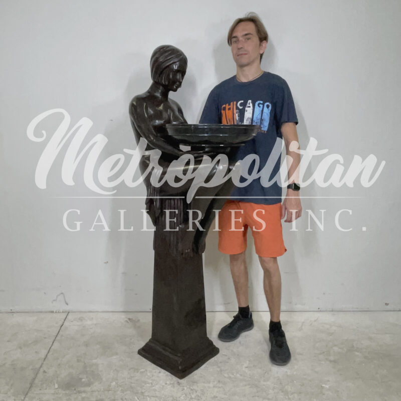 SRB84019 Bronze Art Deco Lady on Column holding Marble Bowl Sculpture by Metropolitan Galleries Inc SCALE WM
