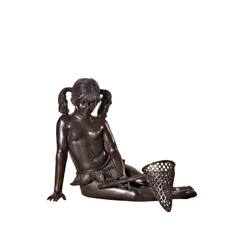 SRB992344 Bronze Sitting Girl with Fishing Net Sculpture by Metropolitan Galleries Inc