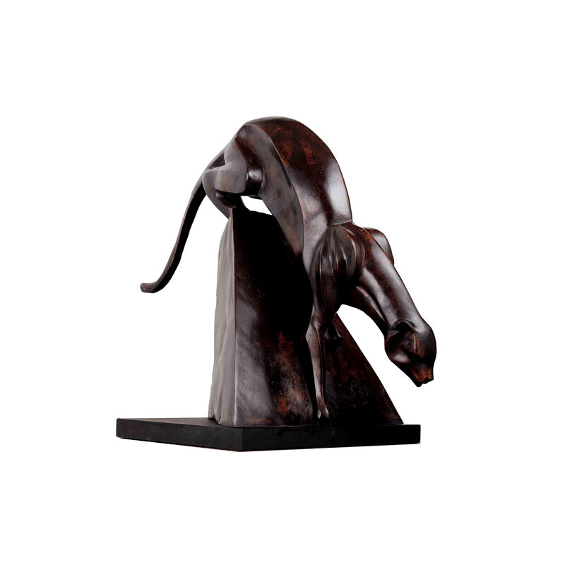 SRB60028 Bronze Contemporary Panther on Rock Table Top Sculpture by Metropolitan Galleries Inc