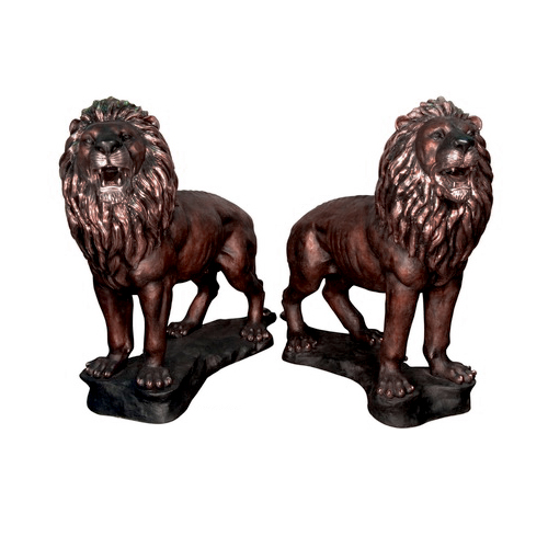 SRB096001-02 Bronze Standing Lions on Rock Sculpture Pair by Metropolitan Galleries Inc Brown Patina