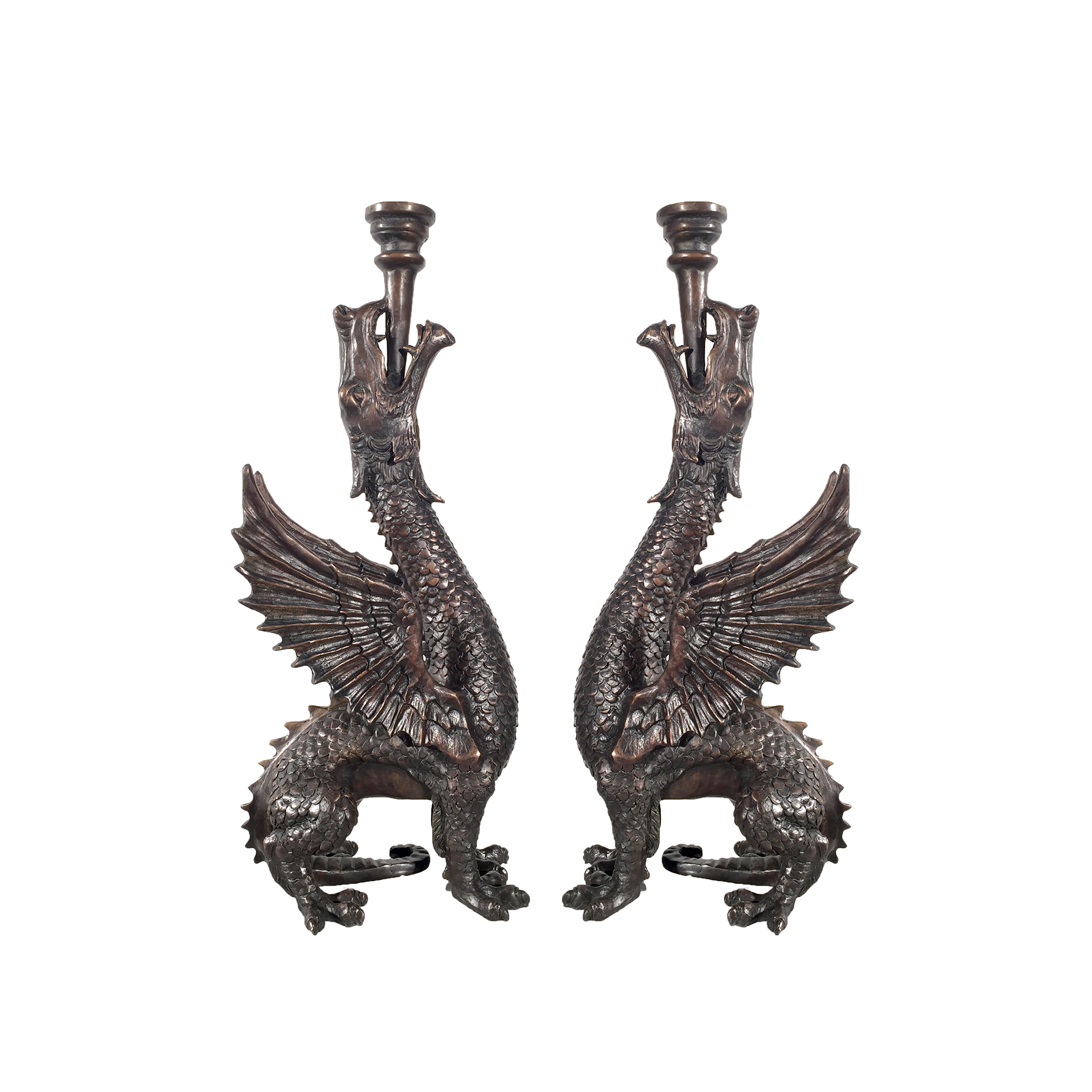 SRB701610 Bronze Dragon Candleholder Sculpture Pair with Brown Patina by Metropolitan Galleries Inc