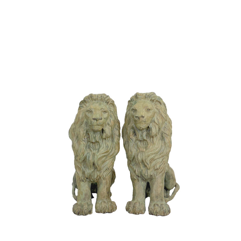 SRB707176-AG Bronse Sitting Lion Sculpture Pair in Antique Green Patina by Metropolitan Galleries Inc