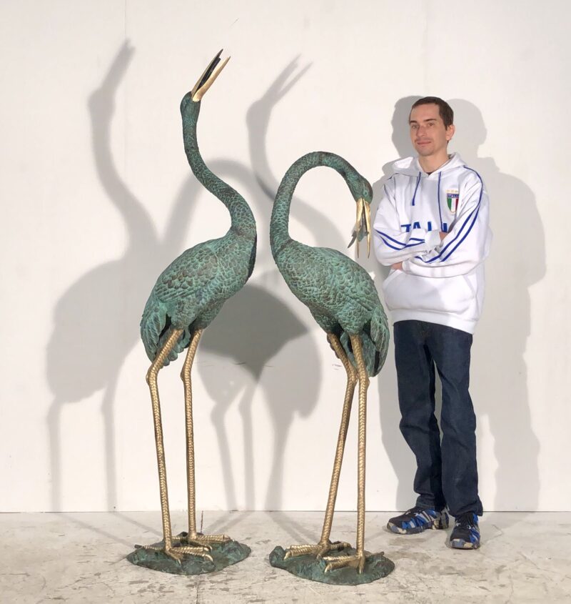 SRB45715-BH Bronze Crane Fountain Sculpture Set in Verdigris Patina with Polished Brass Accents by Metropolitan Galleries Inc SCALE