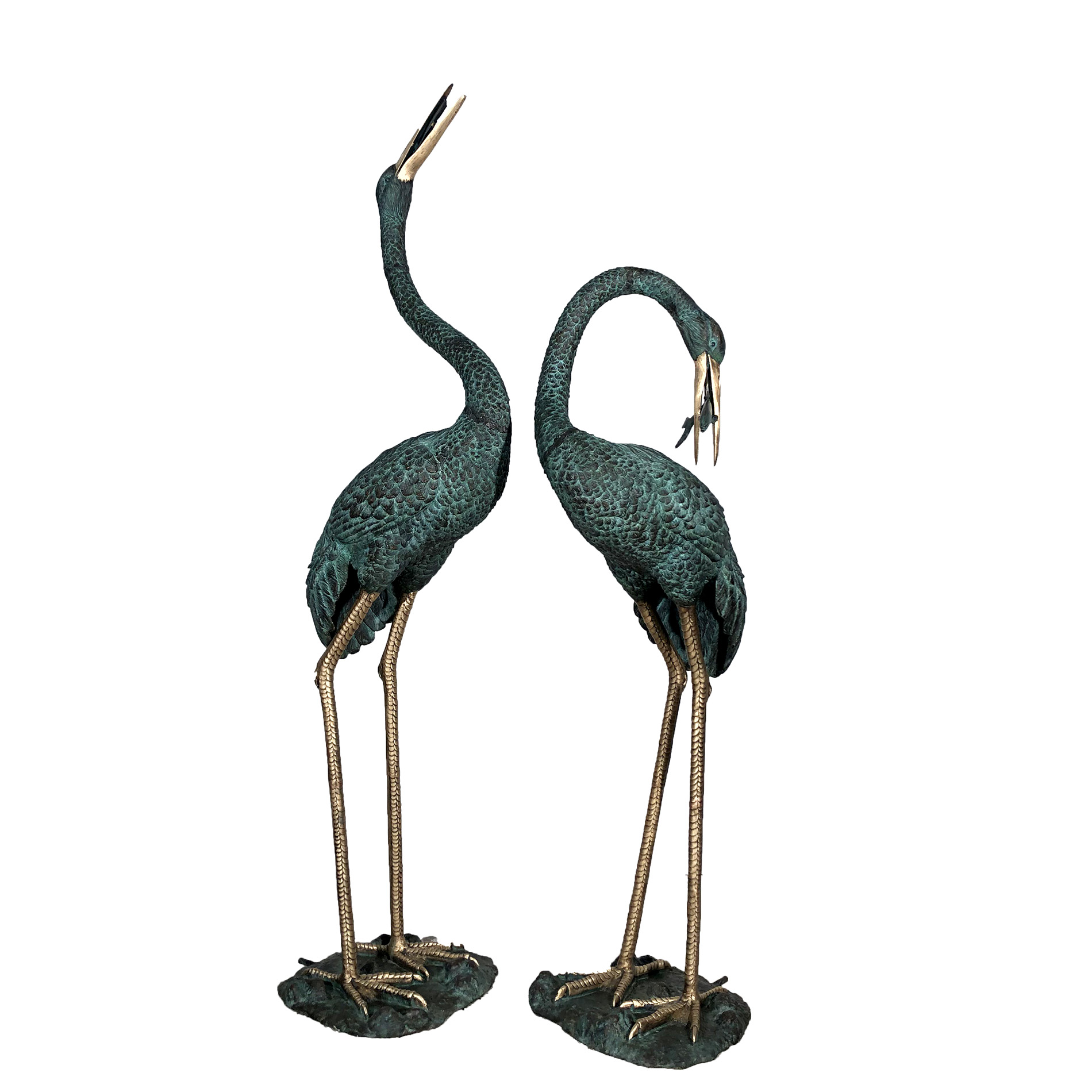 SRB45715-BH Bronze Crane Fountain Sculpture Set in Verdigris Patina with Polished Brass Accents by Metropolitan Galleries Inc
