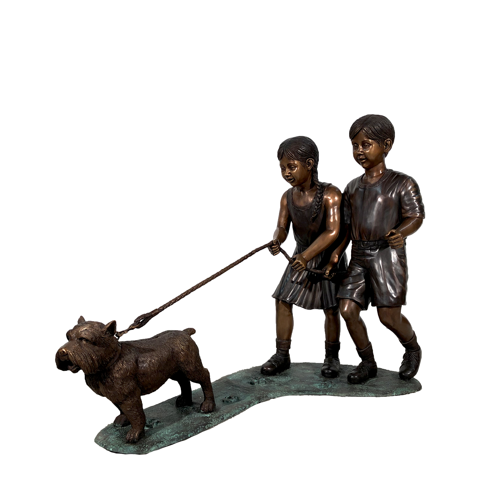 SRB47002 Bronze Boy & Girl walking Terrier Dog Sculpture by Metropolitan Galleries Inc