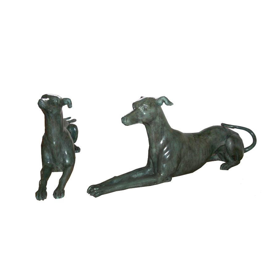 SRB705134 Bronze Laying Whippet Dogs Sculpture Set in Green Patina by Metropolitan Galleries Inc