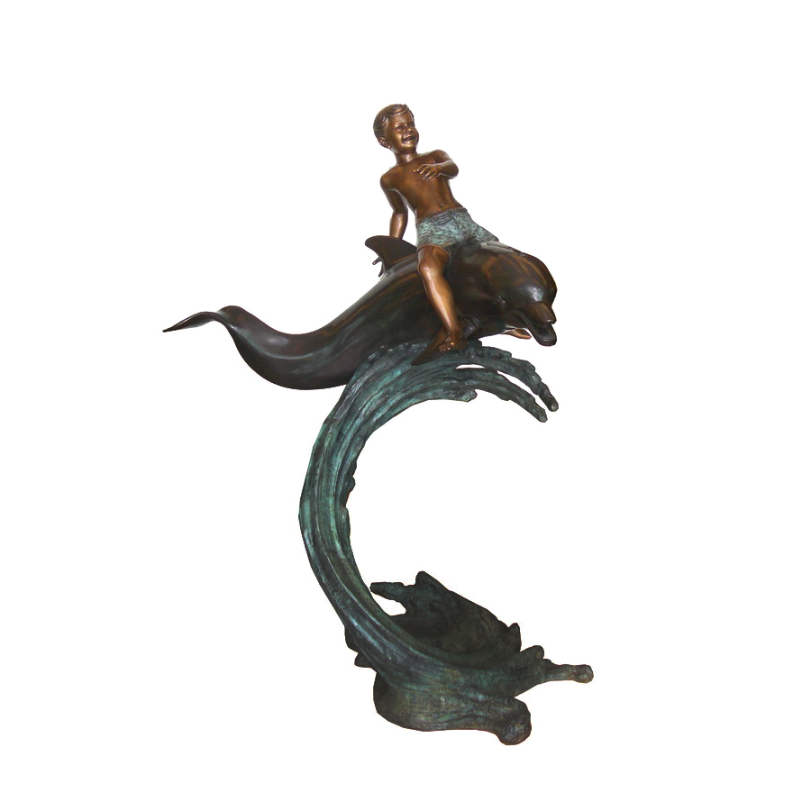 SRB706473 Bronze Boy riding Dolphin on Wave Fountain Sculpture by Metropolitan Galleries Inc