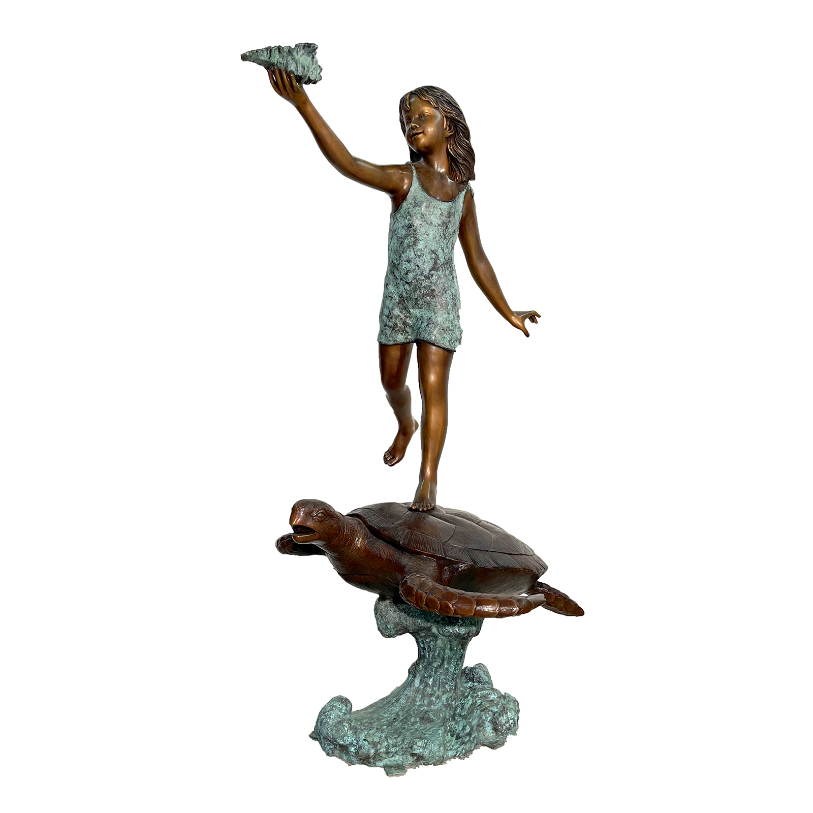 SRB706740 Bronze Girl holding Shell on Sea Turtle Fountain Sculpture by Metropolitan Galleries Inc