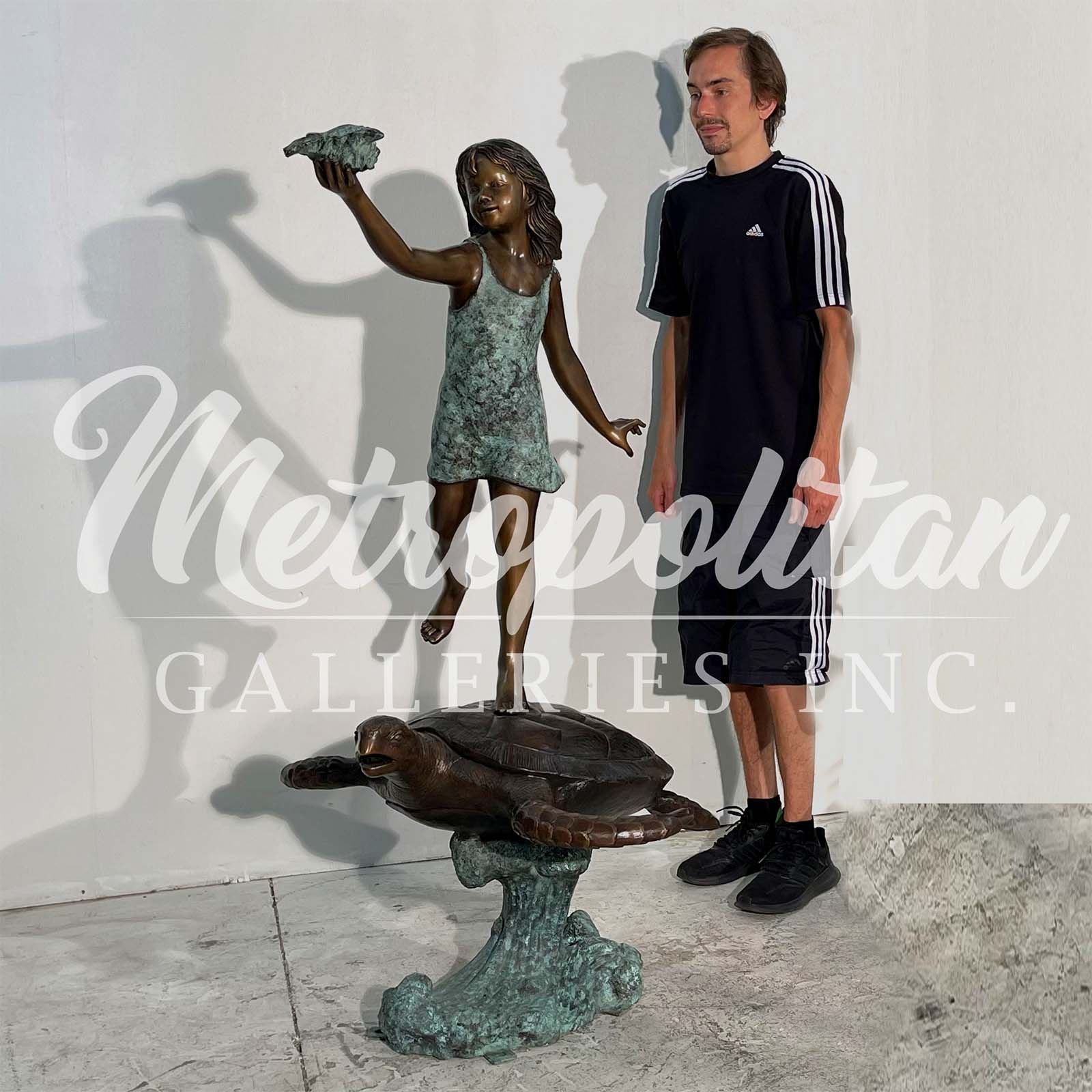 SRB706740 Bronze Girl holding Shell on Sea Turtle Fountain Sculpture by Metropolitan Galleries Inc SCALE WM