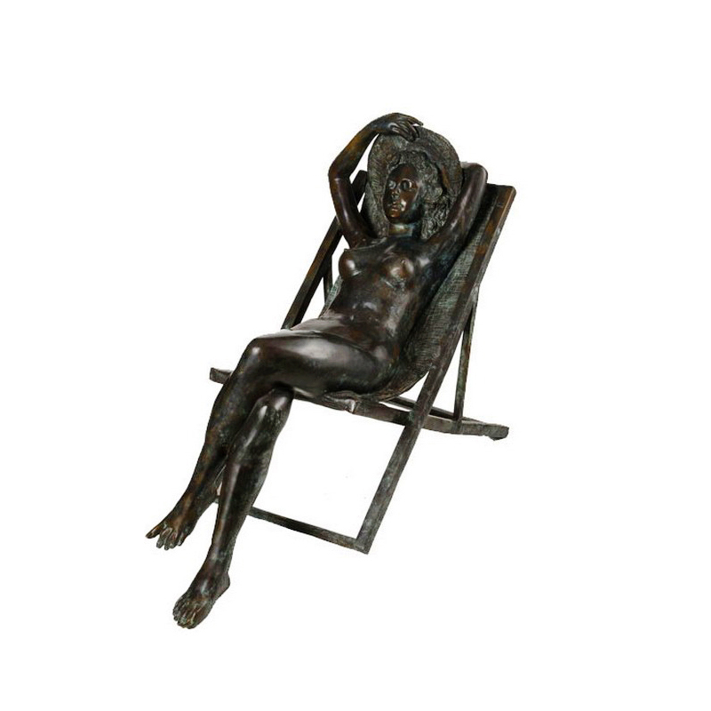 SRB992345 Bronze Nude Lady with Sunhat in Deck Chair Sculpture by Metropolitan Galleries Inc