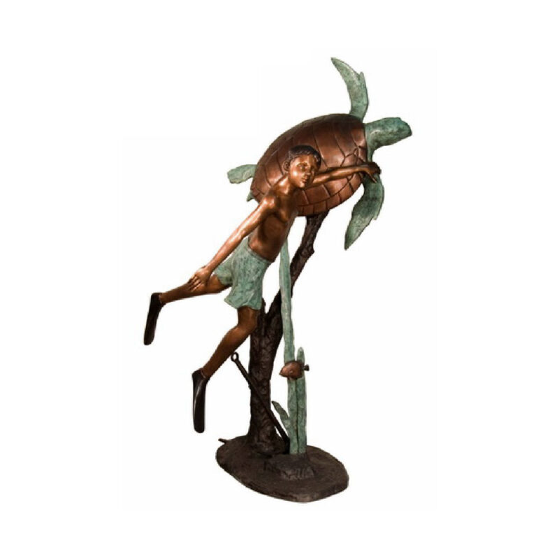 SRB028960 Bronze Boy Swimming with Sea Turtle Fountain Sculpture by Metropolitan Galleries Inc