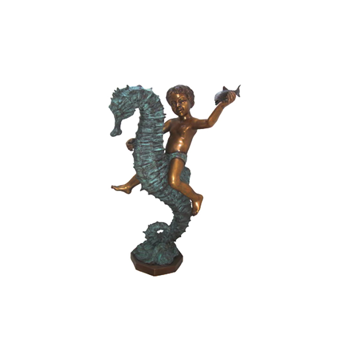 SRB706037 Bronze Boy riding Seahorse Fountain Sculpture by Metropolitan Galleries Inc