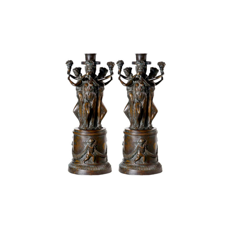 SRB75055 Bronze Lady Bouquet Candle Holder Sculpture Pair by Metropolitan Galleries Inc