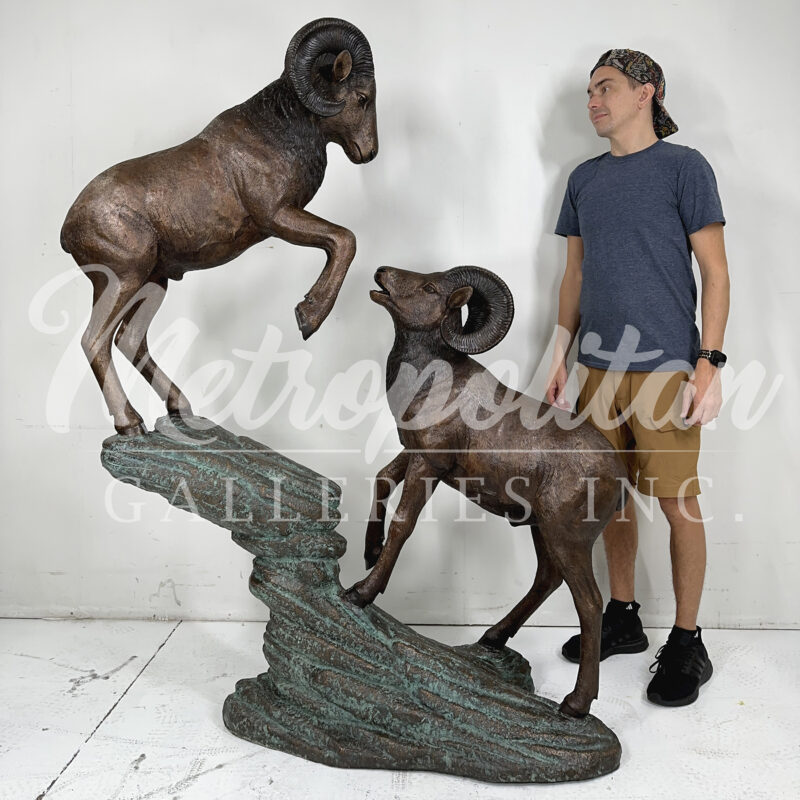SRB49602 Bronze Two Rams on Rock Sculpture by Metropolitan Galleries Inc SCALE WM