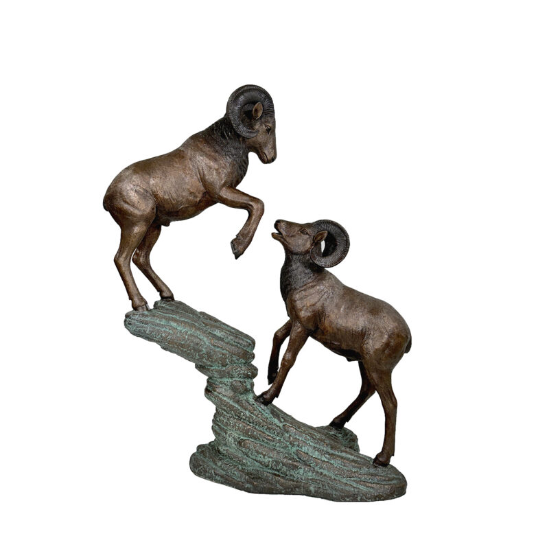 SRB49602 Bronze Two Rams on Rock Sculpture in Brown & Green Patina by Metropolitan Galleries Inc.