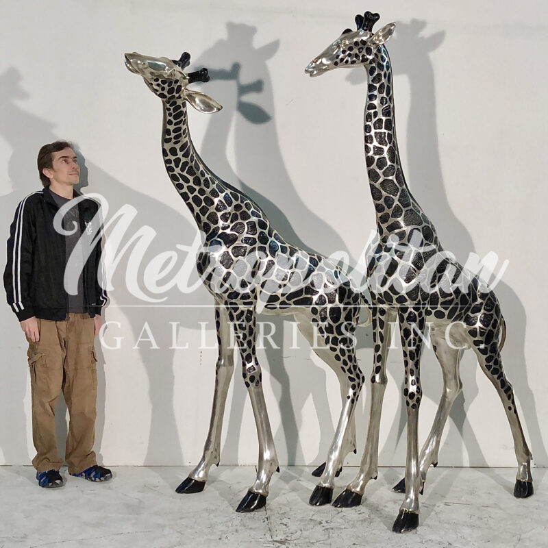 SRB15043-SP Bronze Life-size Giraffe Sculpture Set with Silver Patina by Metropolitan Galleries Inc SCALE PHOTO
