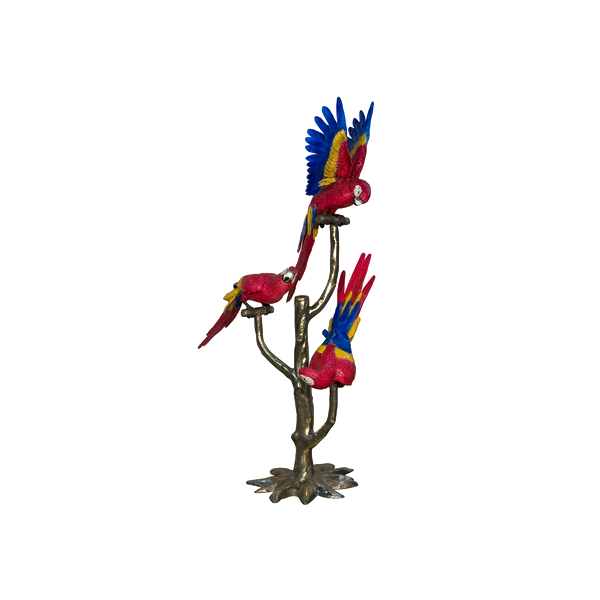 SRB028384C Bronze Three Colorful Parrots on Tree Sculpture by Metropolitan Galleries Inc