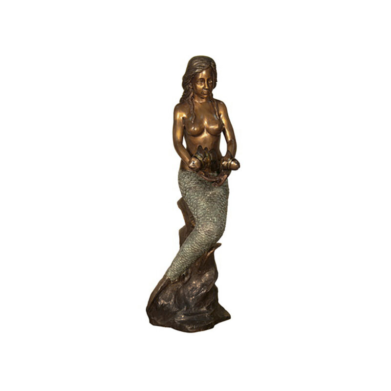 SRB094066 Bronze Mermaid holding Fish Fountain Sculpture by Metropolitan Galleries Inc