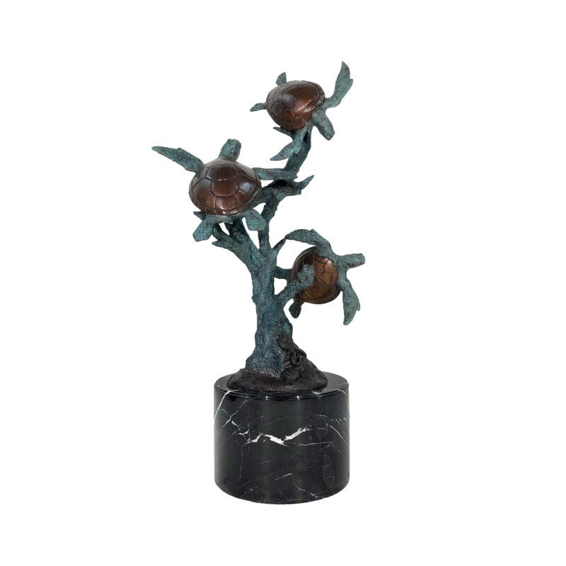 SRB047056-II Bronze Three Sea Turtles Sculpture atop Marble Pedestal by Metropolitan Galleries Inc