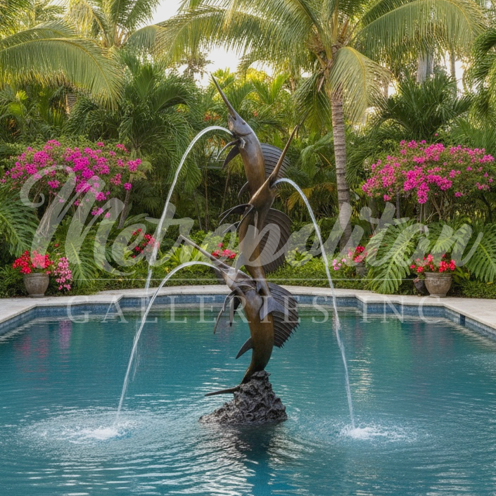 SRB070195 Bronze Three Sailfish Fountain Sculpture by Metropolitan Galleries Inc Vignette AI WM