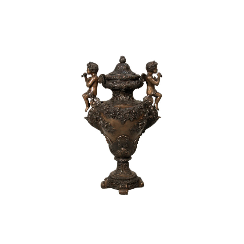 SRB074185 Bronze Two Cupids on Urn with Lid Sculpture by Metropolitan Galleries Inc