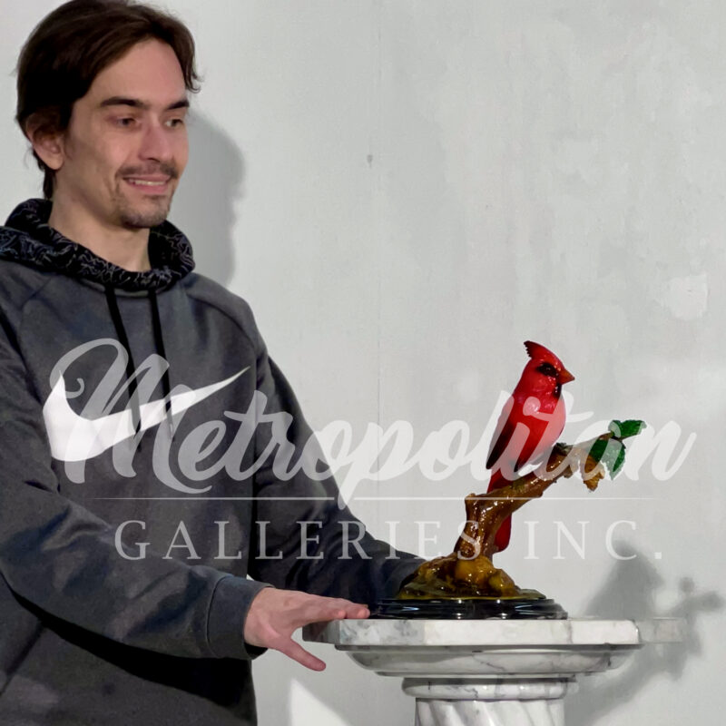 SRB41391 Bronze Male Cardinal on Branch Sculpture on Marble Base exclusively designed and produced by Maxwell Taro & Metropolitan Galleries Inc SCALE WM