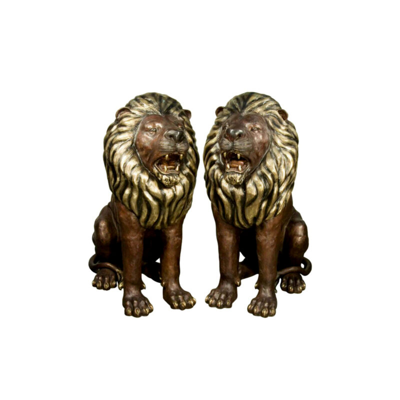 SRB018049-50 Bronze Sitting Lion Set with Polished Brass Highlights by Metropolitan Galleries Inc