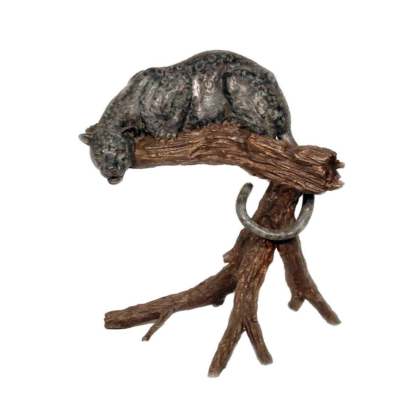 Bronze Leopard on Log Sculpture