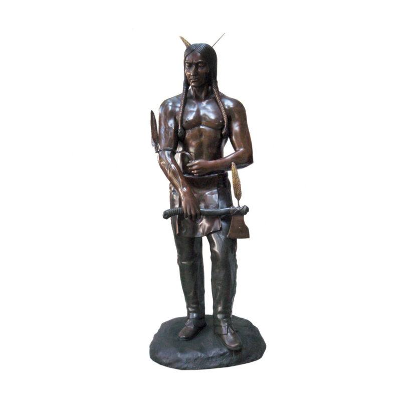 SRB703729 Bronze Standing Indian with Hatchet Sculpture by Metropolitan Galleries Inc