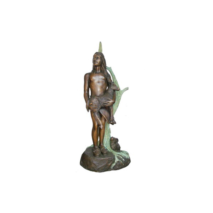 SRB706018 Bronze Indian Boy holding Fawn Sculpture by Metropolitan Galleries Inc