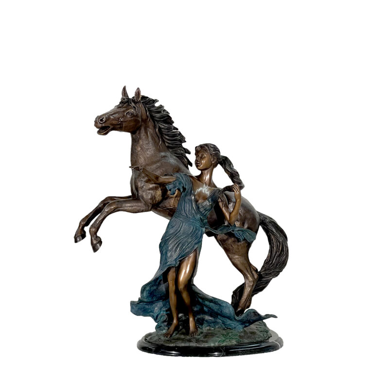 SRB48779 Bronze 'Far & Away' Lady beside Horse Table-top Sculpture on Marble Base by Metropolitan Galleries Inc