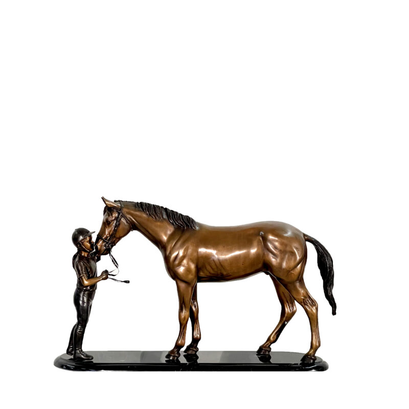 SRB41081 Bronze Female Jockey with Horse Sculpture on Marble Base by Metropolitan Galleries Inc