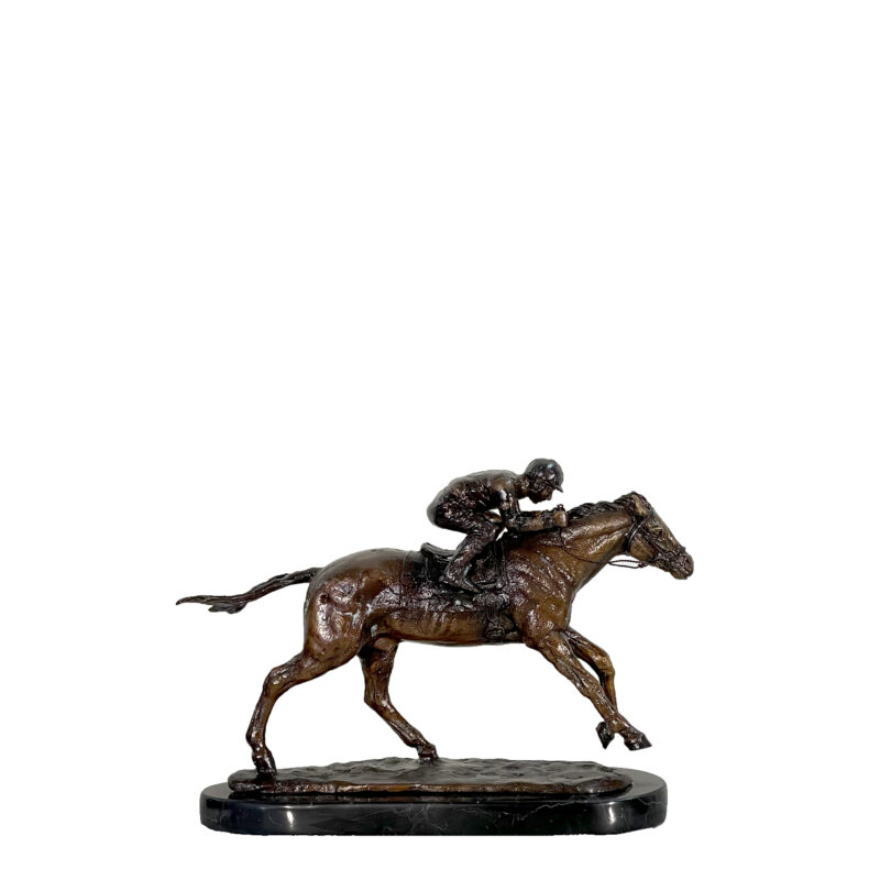 SRB41095 Bronze Small Jockey on Horse Sculpture atop Marble Base by Metropolitan Galleries Inc