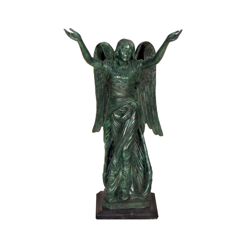 SRB43044M Bronze Standing Angel with Arms Raised Sculpture in Italian Green Patina on Marble Base by Metropolitan Galleries Inc