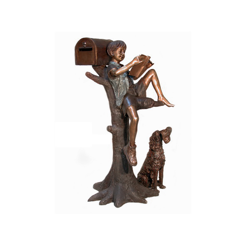 SRB050215 Bronze Boy Reading with Shoe Thief Dog Mailbox Sculpture by Metropolitan Galleries Inc
