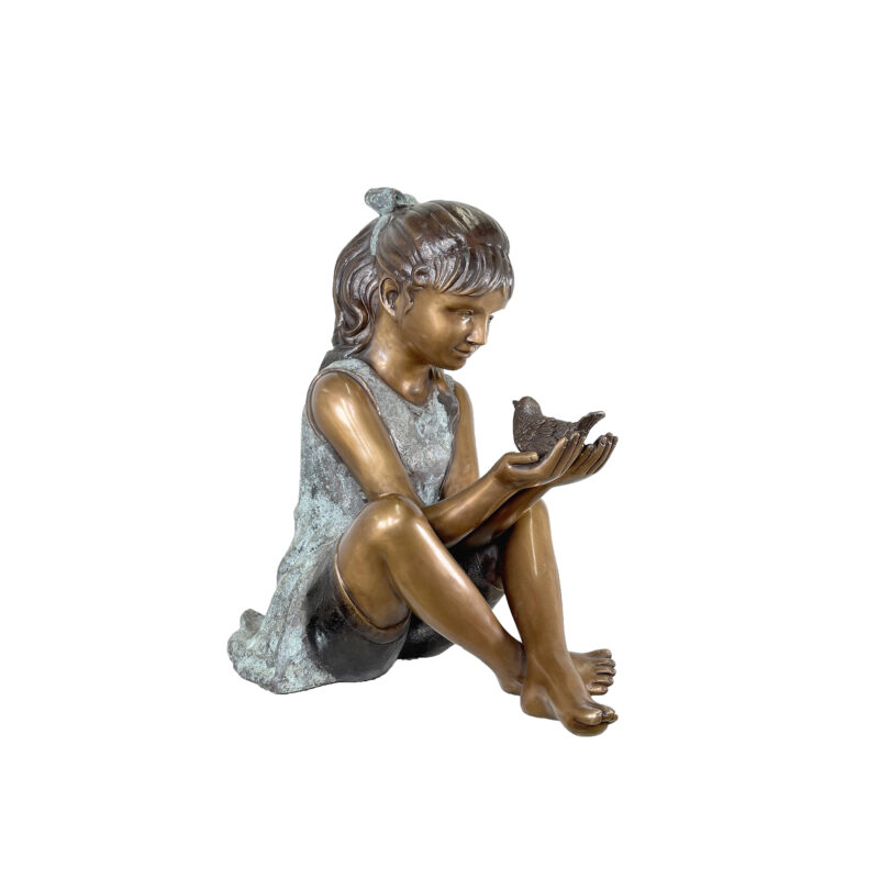 SRB707371 Bronze Sitting Girl holding Bird Sculpture by Metropolitan Galleries Inc