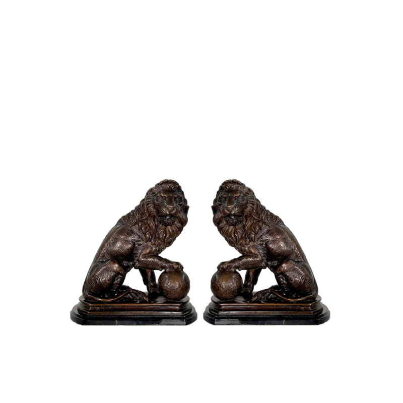 SRB705460 Bronze Sitting Lion with Ball Table-top Sculpture Set by Metropolitan Galleries Inc