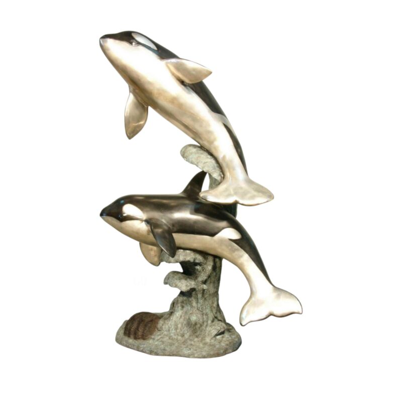 SRB081125 Bronze Two Killer Whales on Wave Sculpture by Metropolitan Galleries Inc.