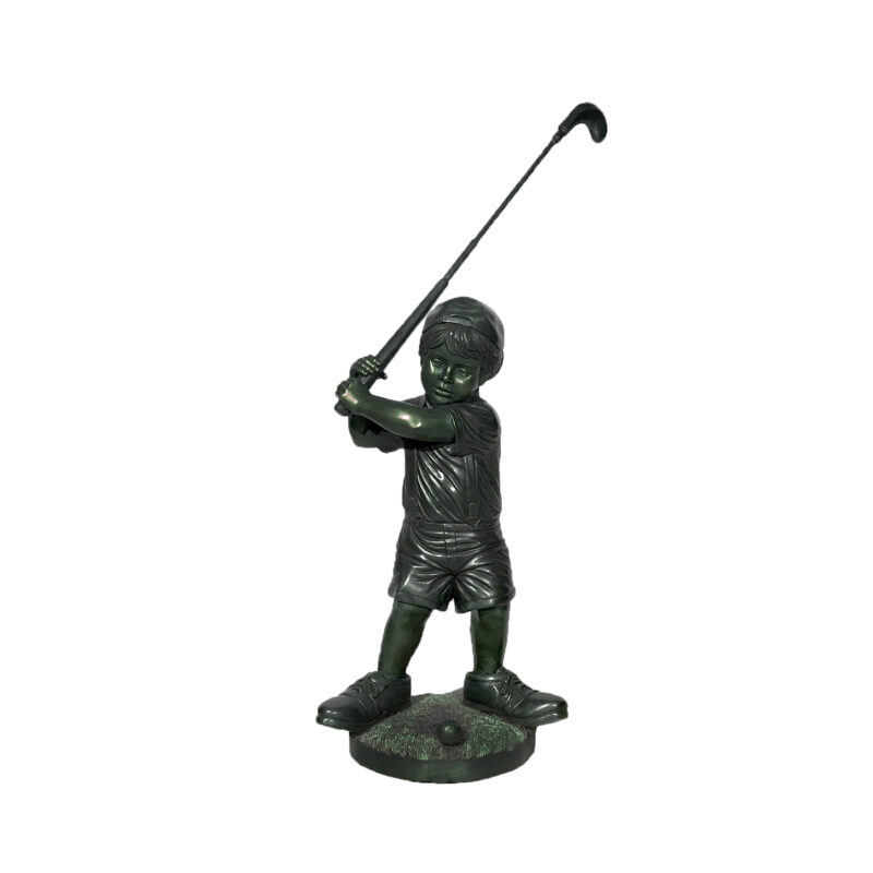 SRB46619-GR Bronze Little Boy Golfer in Big Shoes Sculpture with Italian Green Patina by Metropolitan Galleries Inc