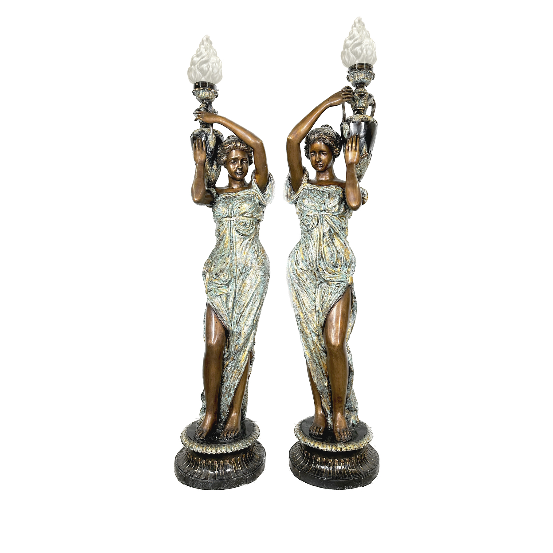 Bronze Lady holding Urn Torchiere Sculpture Pair