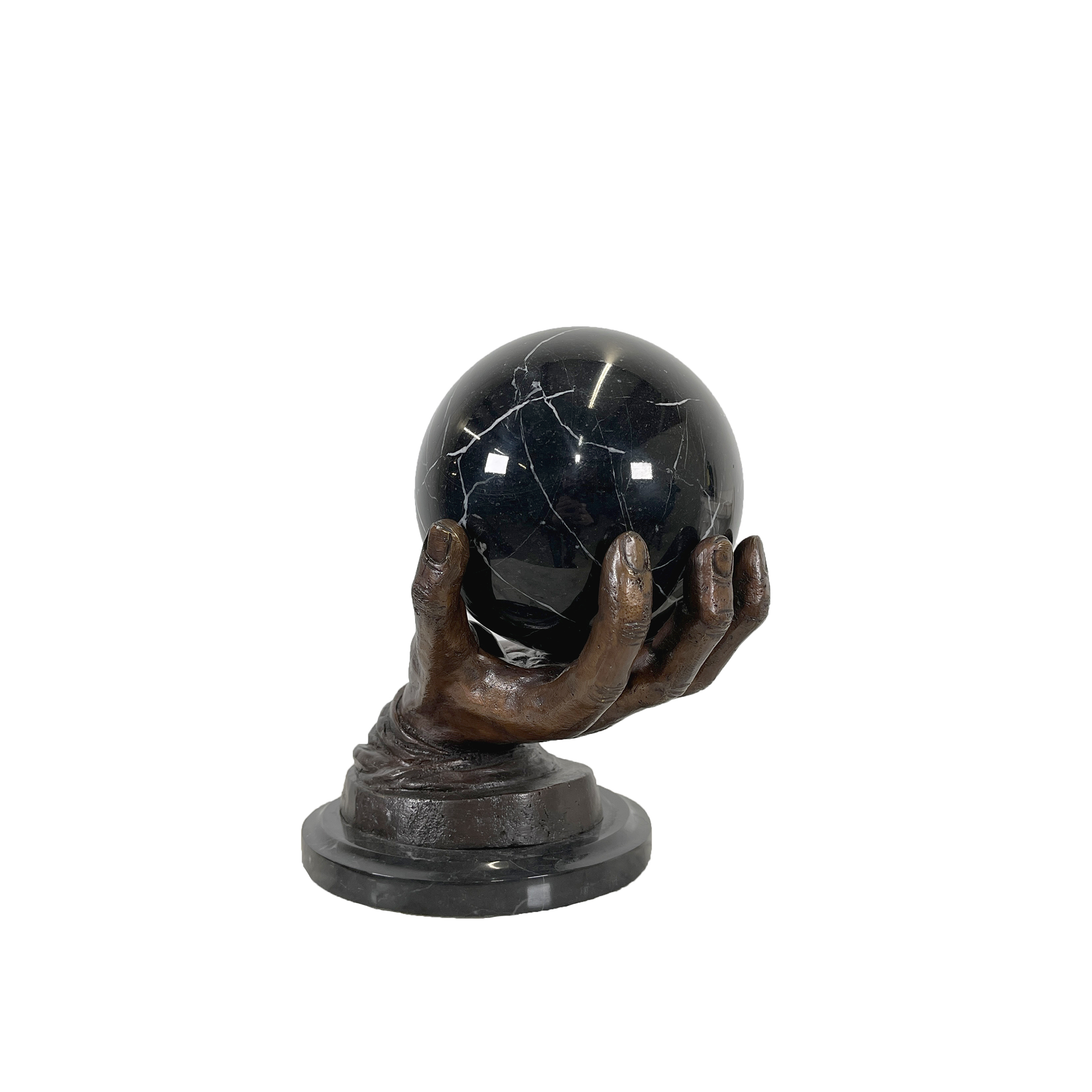 SRB41394 Bronze Hand holding Black Marble Ball Sculpture by Metropolitan Galleries Inc.