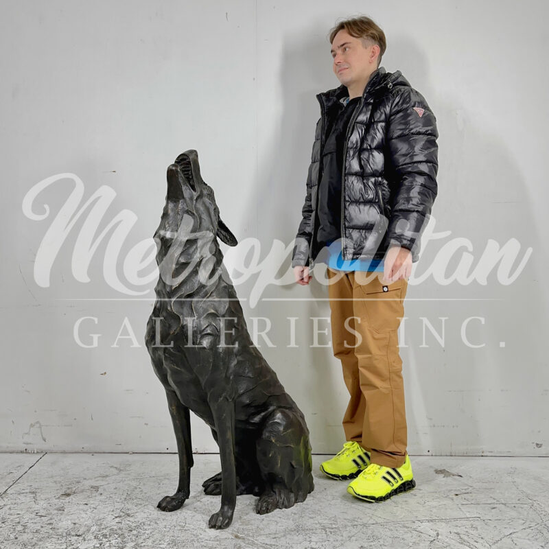 SRB10111 Bronze Sitting Wolf Howling Sculpture exclusively designed and produced by Metropolitan Galleries Inc SCALE WM