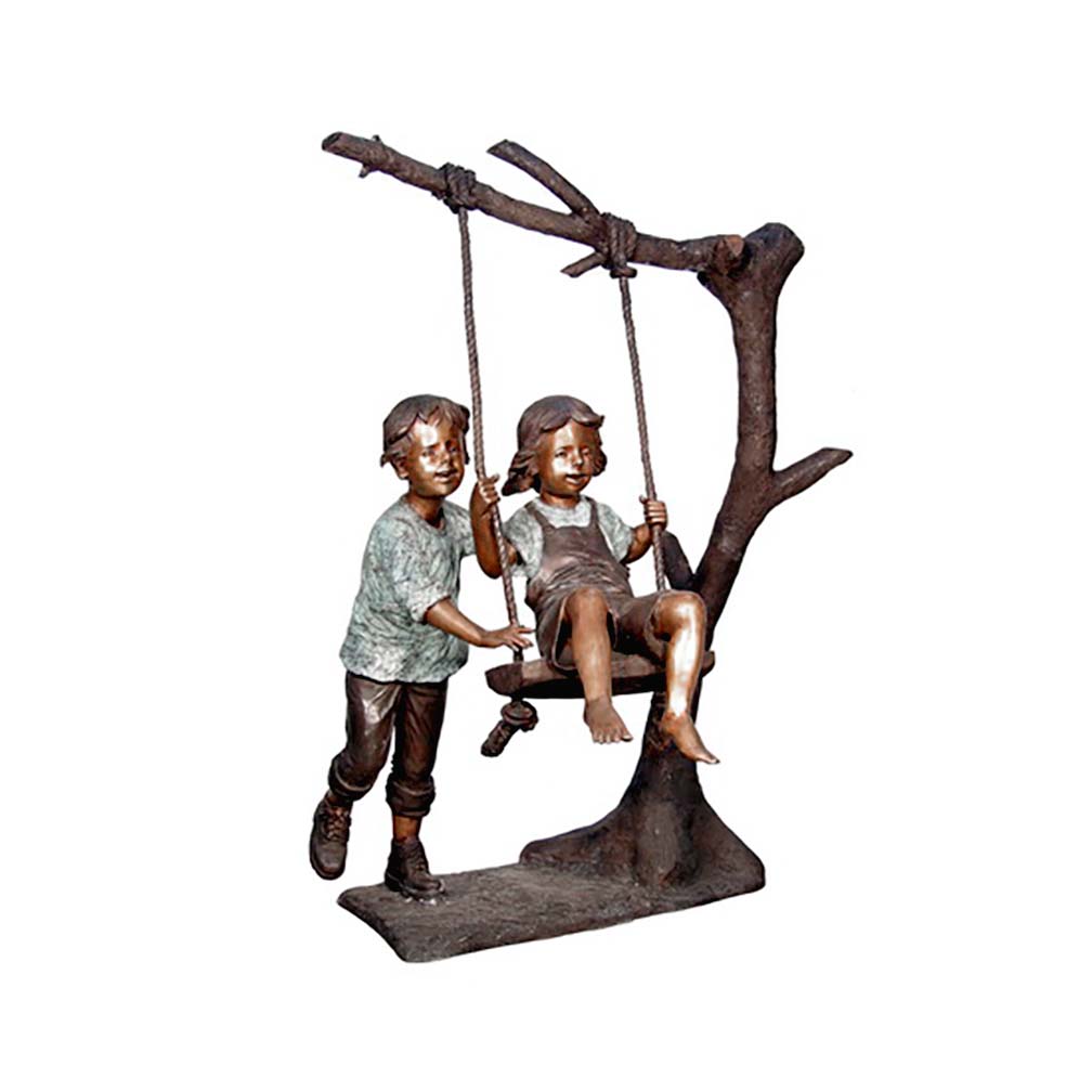 SRB050365 Bronze Boy pushing GIrl in Tree Swing Sculpture by Metropolitan Galleries Inc