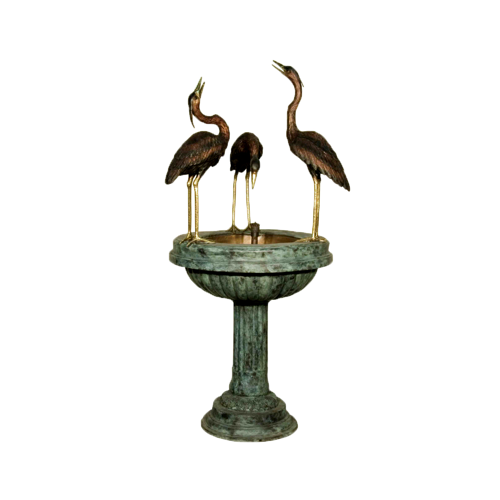 SRB028986 Bronze Three Herons on Pedestal Bowl Fountain Sculpture by Metropolitan Galleries Inc