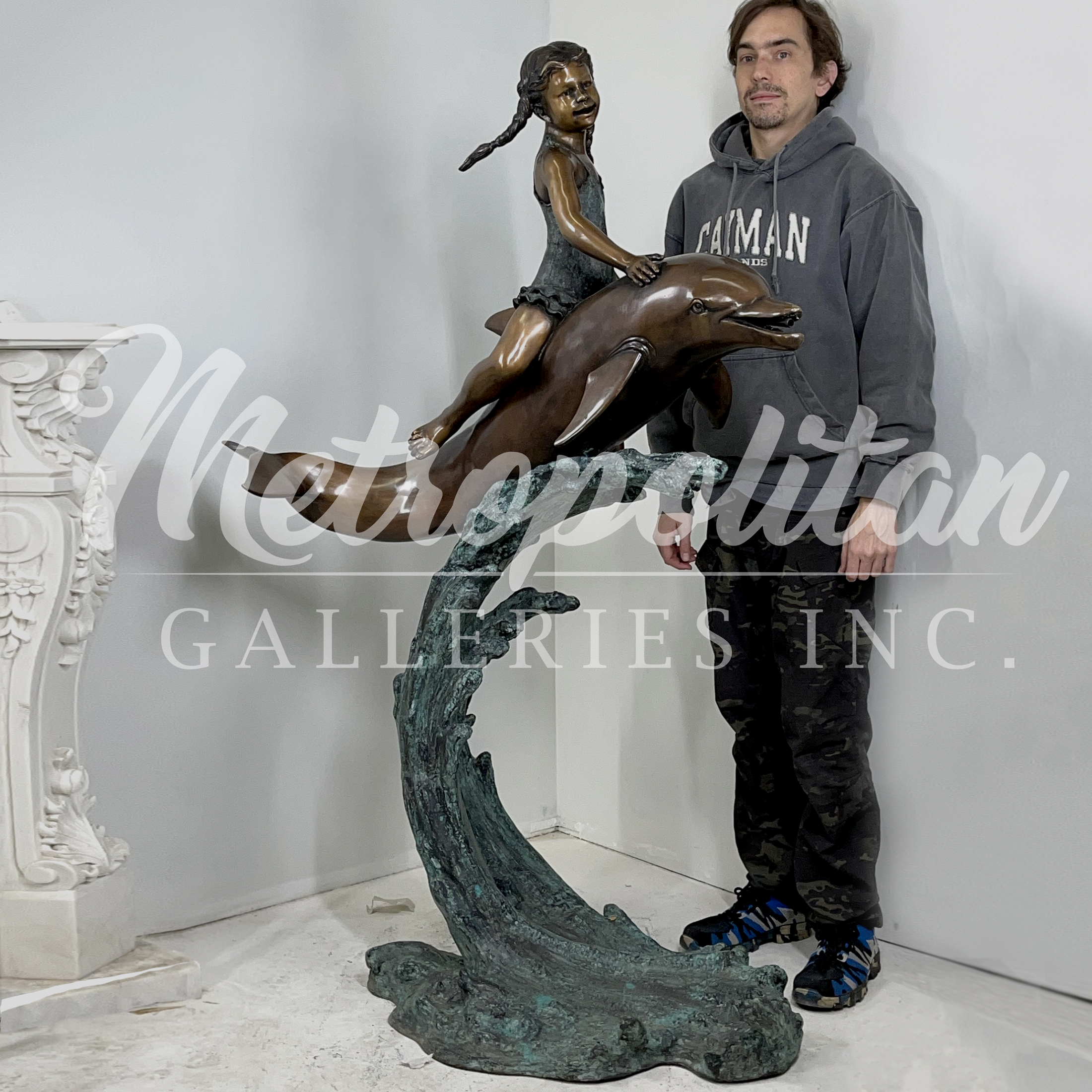 SRB706474 Bronze Girl riding Dolphin Fountain Sculpture by Metropolitan Galleries Inc SCALE WM