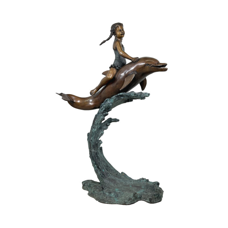 SRB706474 Bronze Girl riding Dolphin Fountain Sculpture by Metropolitan Galleries Inc.